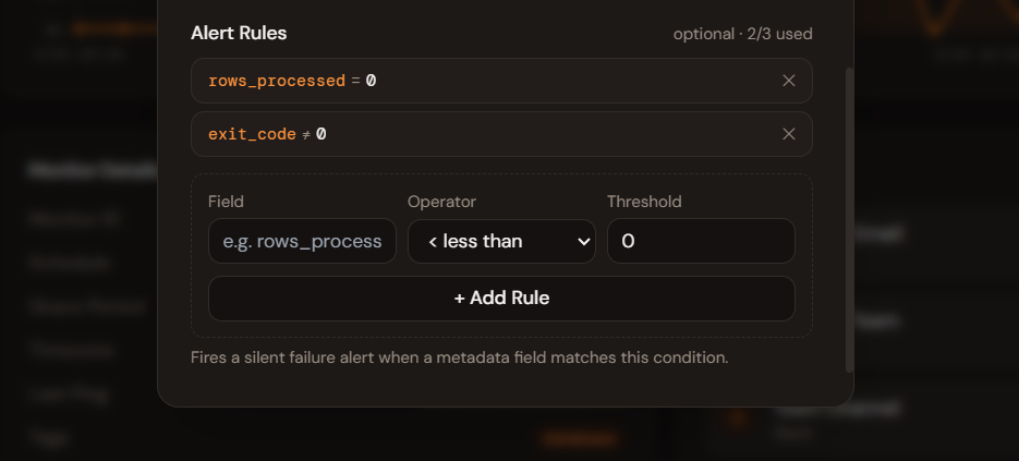 Crontify alert rules panel showing conditions on job output metadata