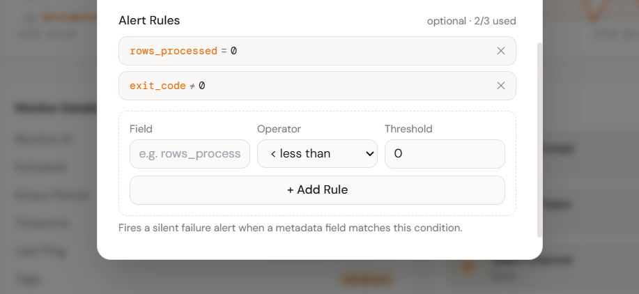 Crontify alert rules panel showing conditions on job output metadata