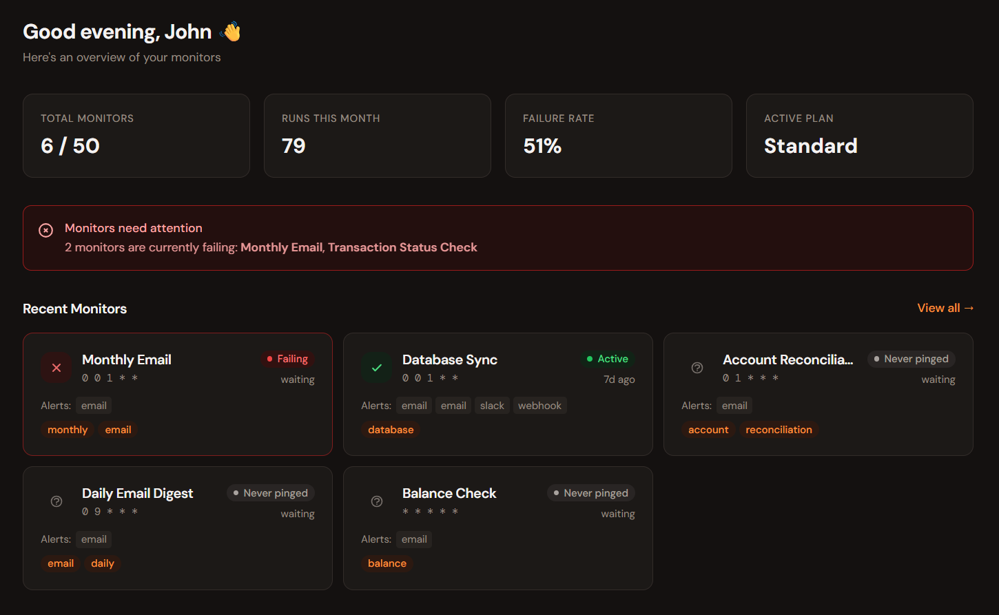 Crontify dashboard showing monitor list with status indicators