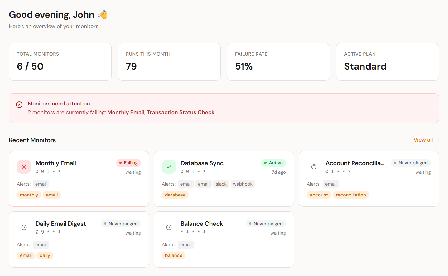 Crontify dashboard showing monitor list with status indicators