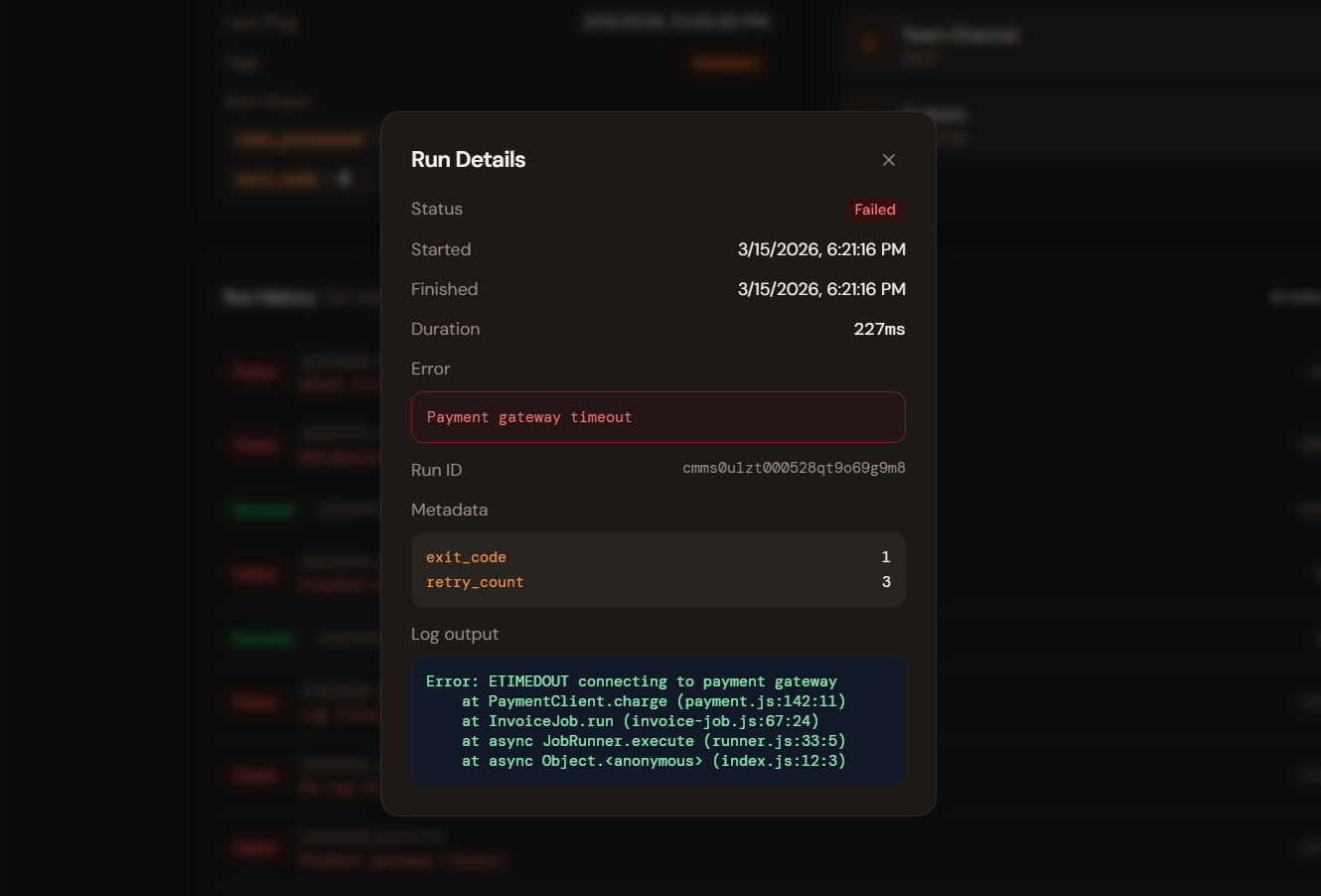 Crontify run detail showing metadata, duration, and log output