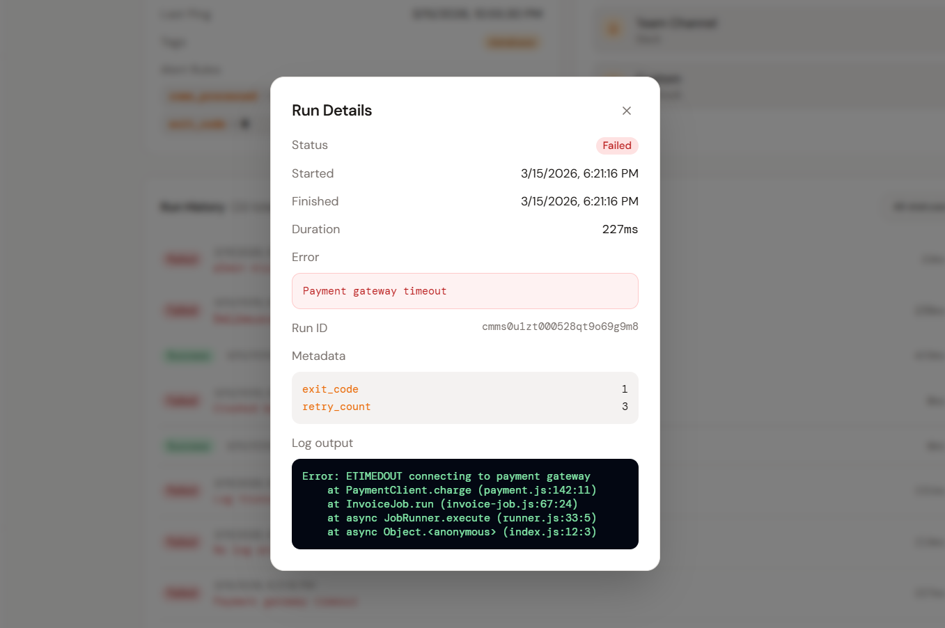 Crontify run detail showing metadata, duration, and log output